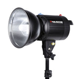 Black photo studio flash head with front reflector and mounting bracket