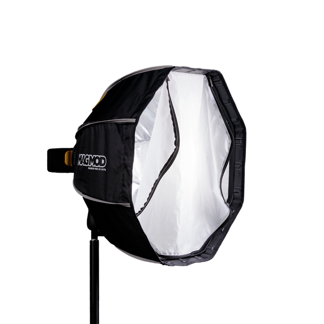 Octa softbox light modifier with black fabric and white interior, segmented front