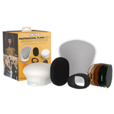 Professional flash kit accessories: gray diffuser, black honeycomb grid, colored filters