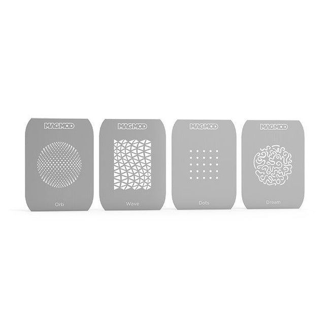 Gray MagMask pattern cards: Orbs, Wave, Dots, Dream designs