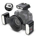 Macro twin flash for Canon with camera-mounted LED light panels and controls