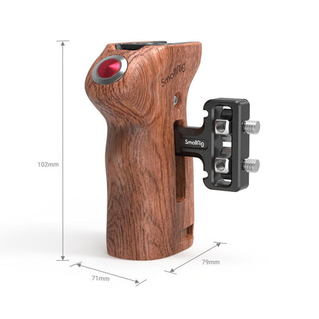 Brown wooden start/stop side button handle with red ring and camera mount bracket