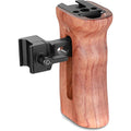 Wooden side handle with black NATO rail mount for camera rigs