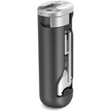 Side view of compact mounting handle, matte black body with silver top and cutout slots