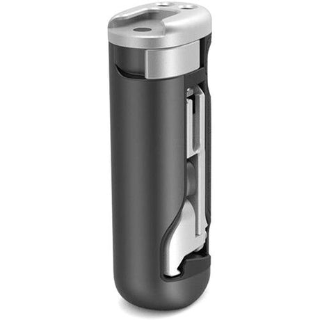 Side view of compact mounting handle, matte black body with silver top and cutout slots
