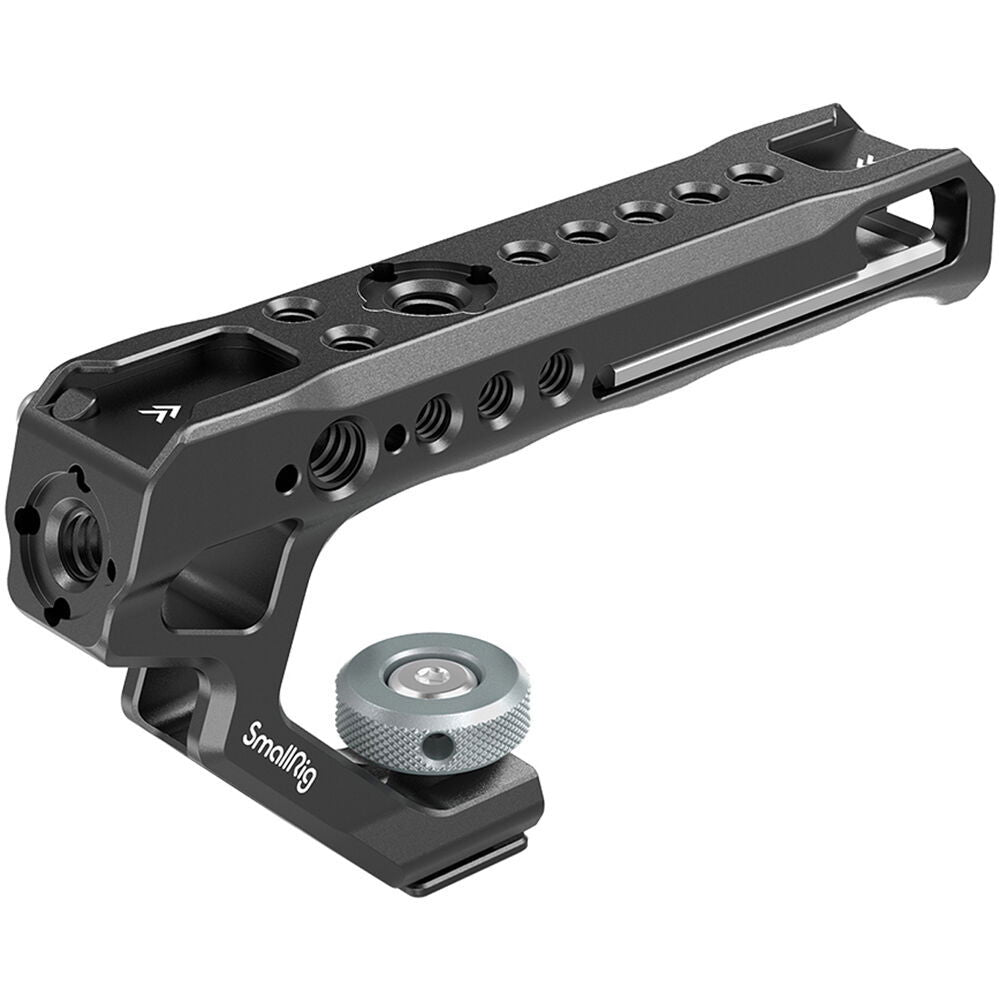 Universal cold shoe adapter bar with multiple mounting holes and side slots, black metal