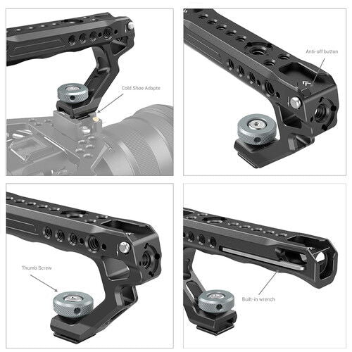 Cold shoe adapter details: cold shoe mount, thumbscrew, and built-in winch points