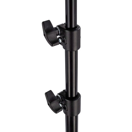 Black boom pole clamp with two adjustment brackets and knobs on the tube