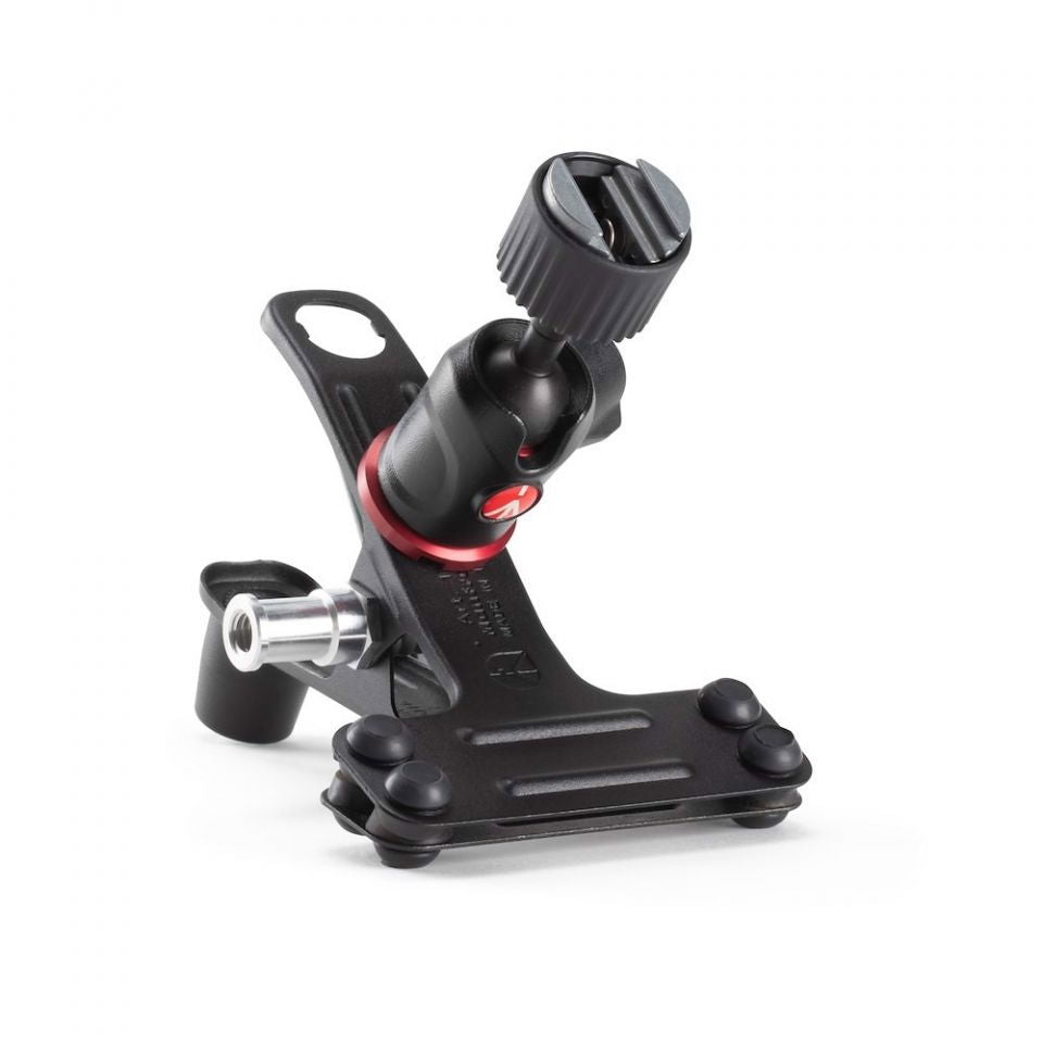 Black spring clamp with tripod-style mounting plate and red adjustment band