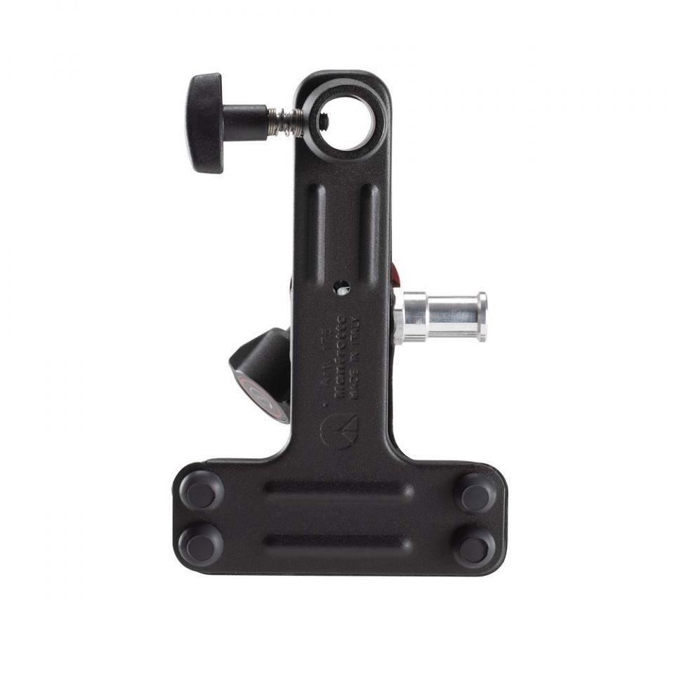 Bottom view of black spring clamp with threaded stud and two bolt holes