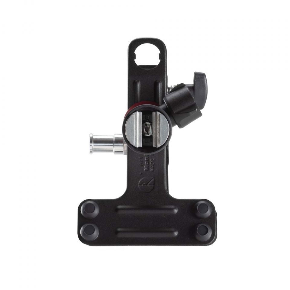 Front view of black spring clamp, showing mounting screw socket and pivot joint