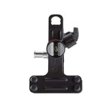 Front view of black spring clamp, showing mounting screw socket and pivot joint