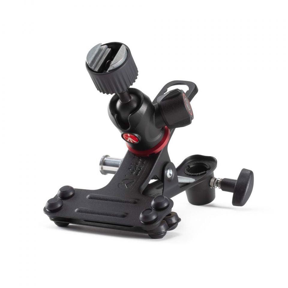 Side view of black spring clamp with fold-out arm and locking knobs