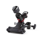 Side view of black spring clamp with fold-out arm and locking knobs