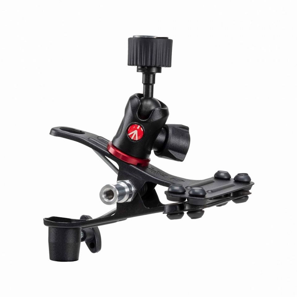 Black spring clamp for video setups, with adjustable mount and red ring detail