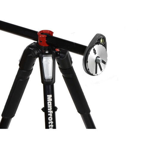 Photo tripod head and center column with black legs and red lock knob