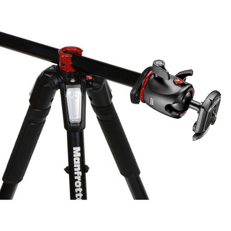 Trepied foto Manfrotto cu cap bila, picioare negre și închizători roșii