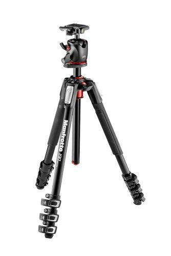 Trepied foto Manfrotto cu cap bila, trepied negru cu detalii roșii
