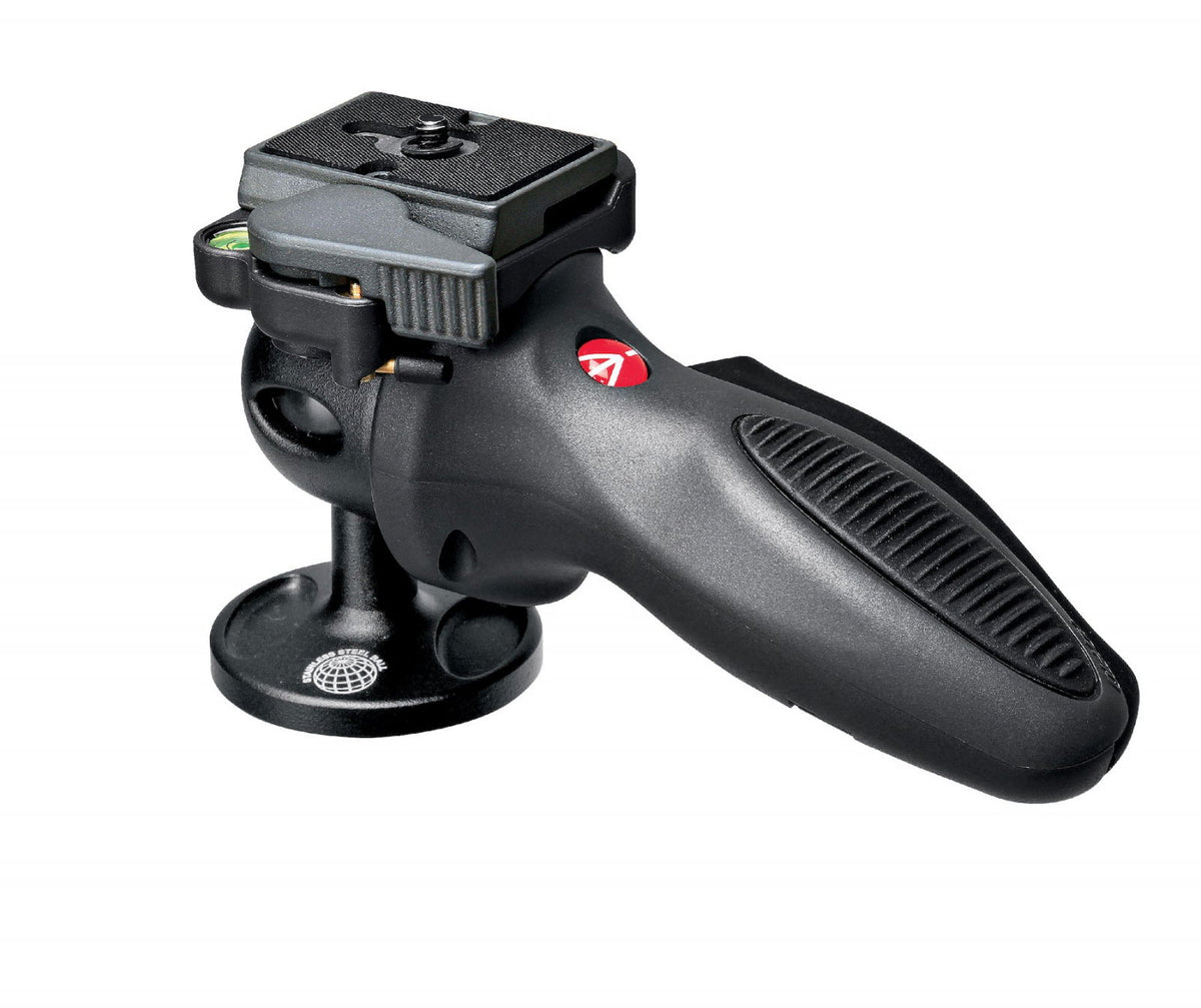 Photo tripod joystick head, black and grey handle with ridged grip and base mount