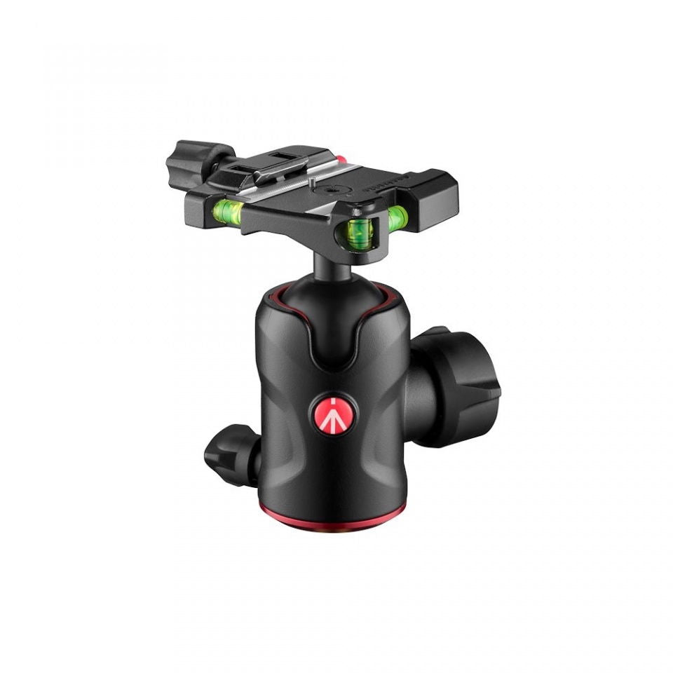 Black tripod head with Arca-style clamp, green bubble level, and red accents