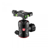 Black tripod head with Arca-style clamp, green bubble level, and red accents