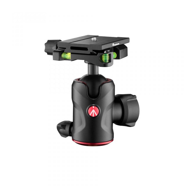 Black tripod head with Arca-style top plate and red control button