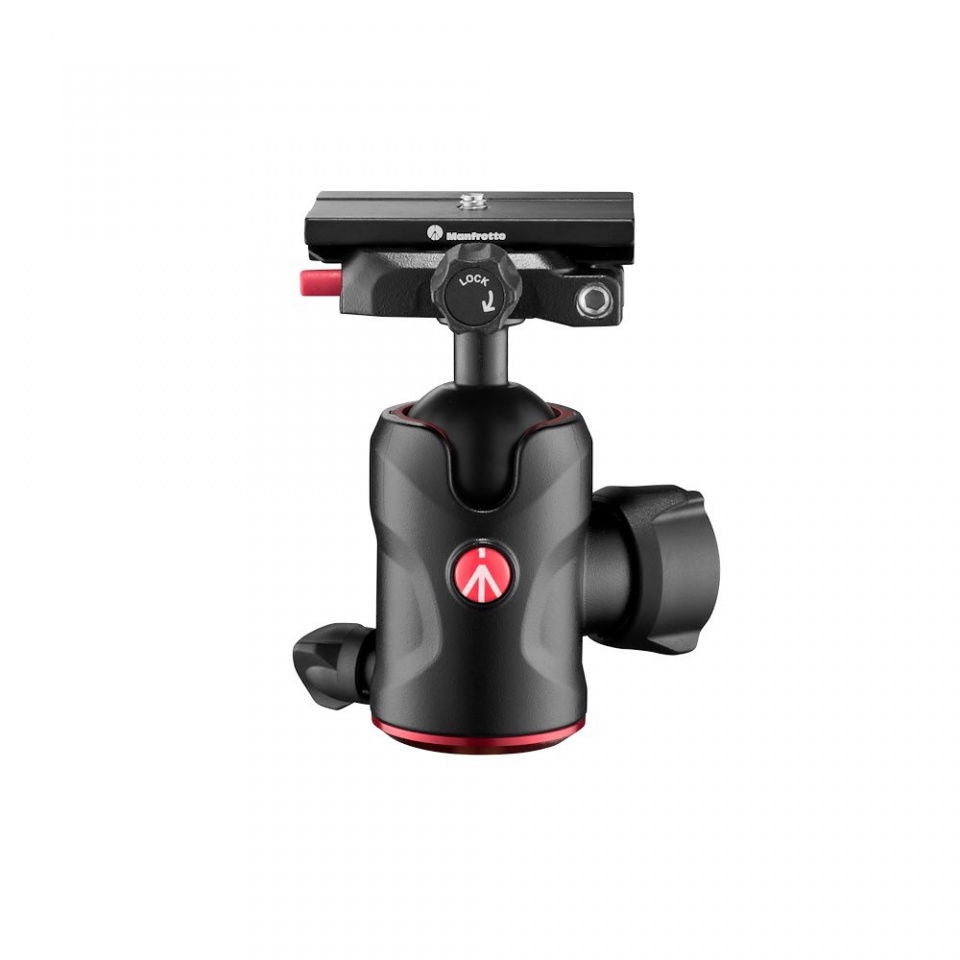 Black tripod head with top dial and Arca-style mounting plate, red accents