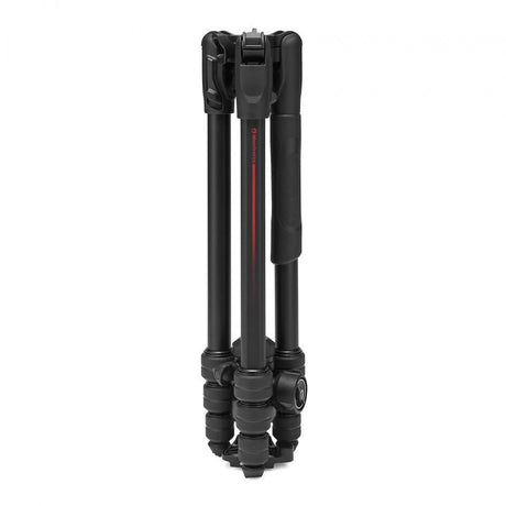Black photo tripod with adjustable legs and twist head, rear view