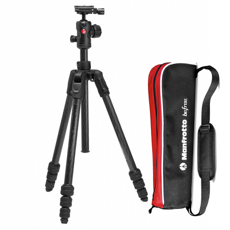 Carbon fiber tripod with 3 legs and fluid head, plus red/black carrying bag