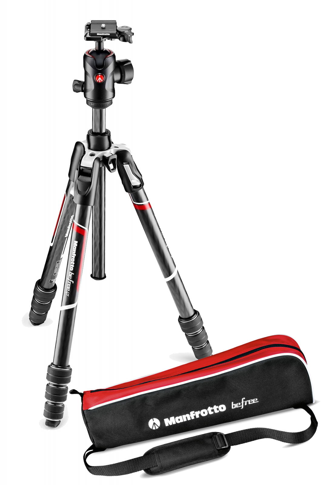 Trepied foto Manfrotto Befree GT din carbon, cu picioare negre și geantă roșie