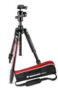 Kit trepied foto Manfrotto Befree, picioare negre și toc roșu cu curea.