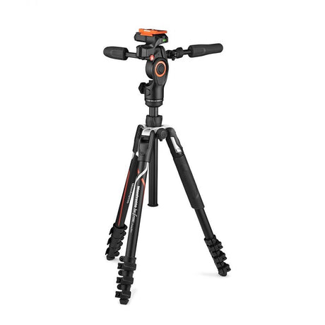 3-way fluid head tripod, black with red accents and flip-lock legs extended