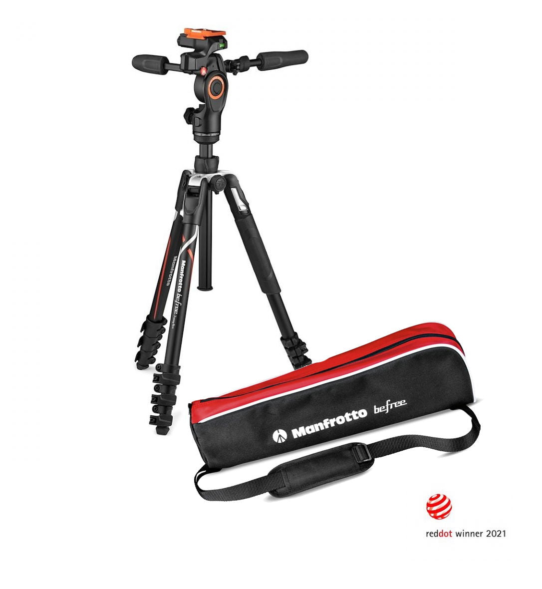 3-way fluid head tripod, black legs with red accents, includes carry case
