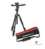 3-way fluid head tripod, black legs with red accents, includes carry case