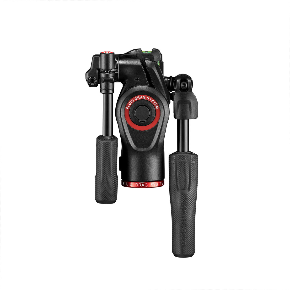 Tripod fluid drag head with red circular control dial and textured hand grips