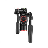 Tripod fluid drag head with red circular control dial and textured hand grips