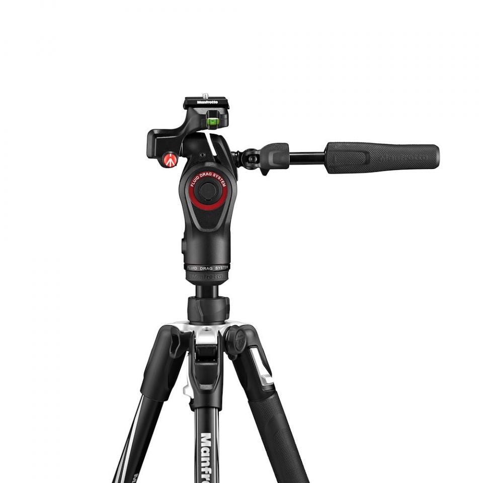 Close-up of black tripod fluid head and side handle grips with red ring