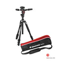 Black 3-way camera tripod with red carrying case and shoulder strap