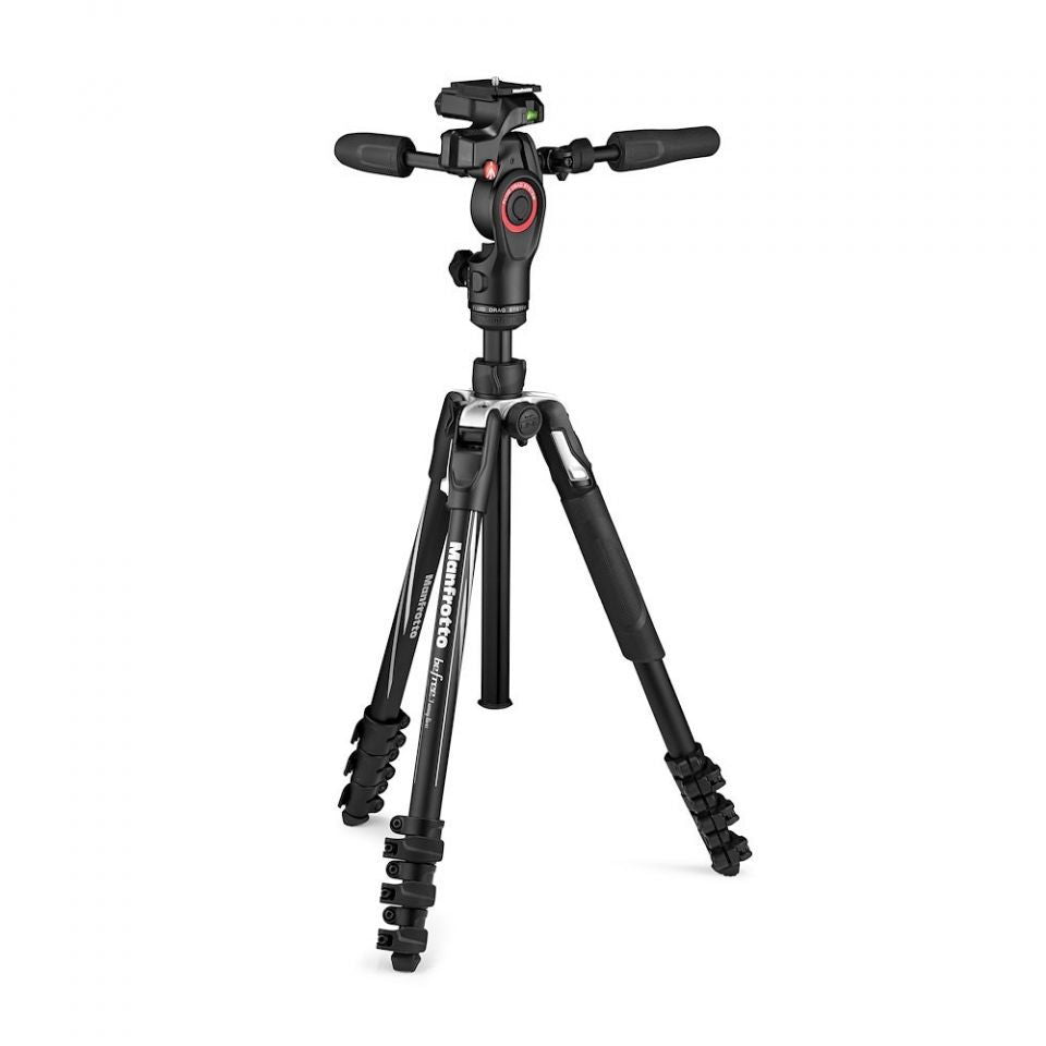 Black 3-way camera tripod with fluid head and dual handle grips