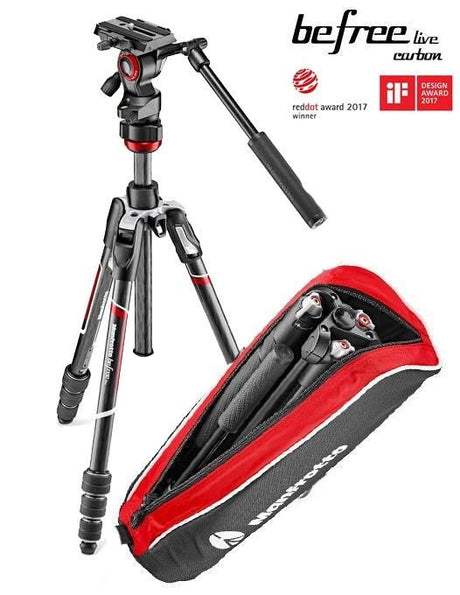 Treppied video Manfrotto carbon, cu cap fluid și geantă roșie neagră
