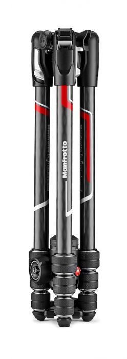 Trepied foto Manfrotto carbon, vedere detaliu picioare și cap.
