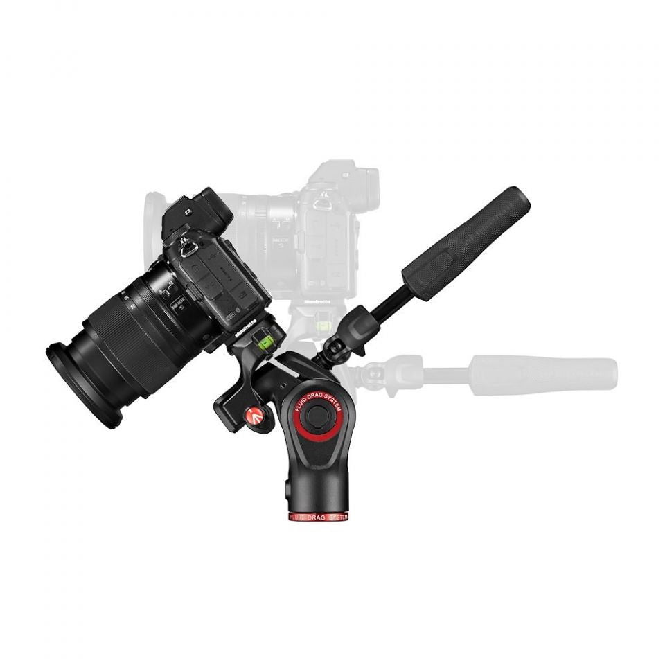 Black fluid head with camera plate and long handle, showing red adjustment ring
