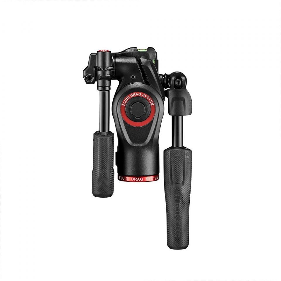 Black fluid camera tripod head with two textured grips and red control circle