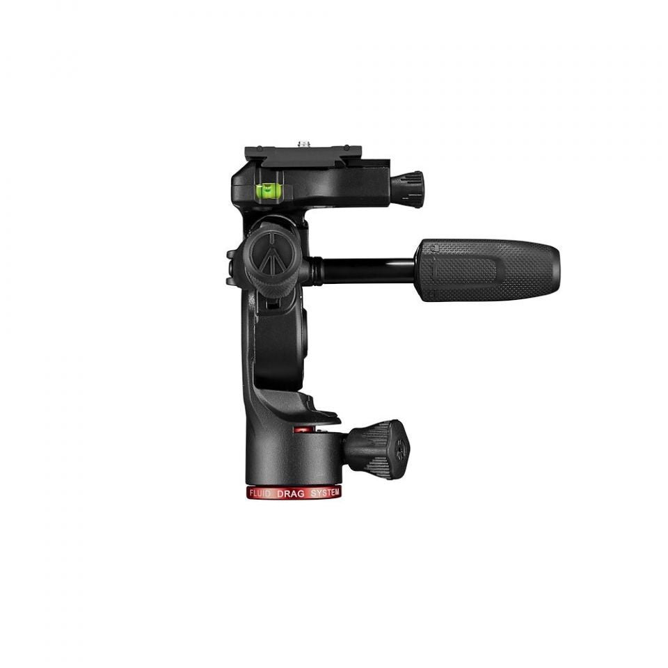 Black 3-way fluid head with textured right handle and red base label