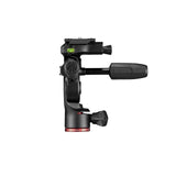Black 3-way fluid head with textured right handle and red base label