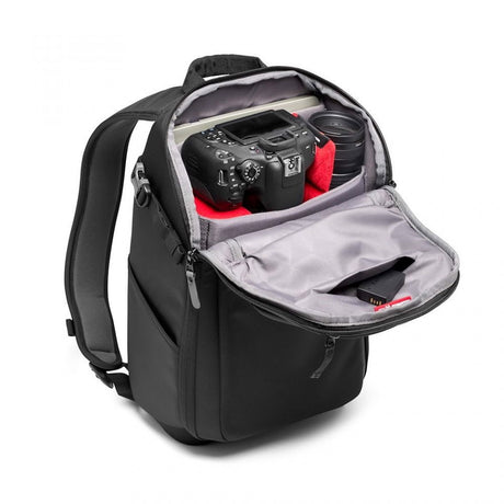 Camera backpack with side access, padded interior compartments and divider strap