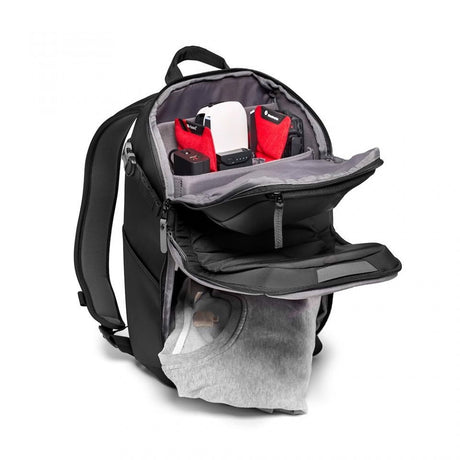 Camera backpack open front view with padded inserts for camera and accessories