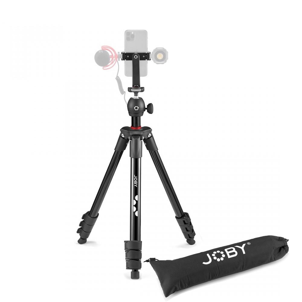 Compact tripod with smartphone mount and LED light, black with carry bag