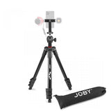 Compact tripod with smartphone mount and LED light, black with carry bag