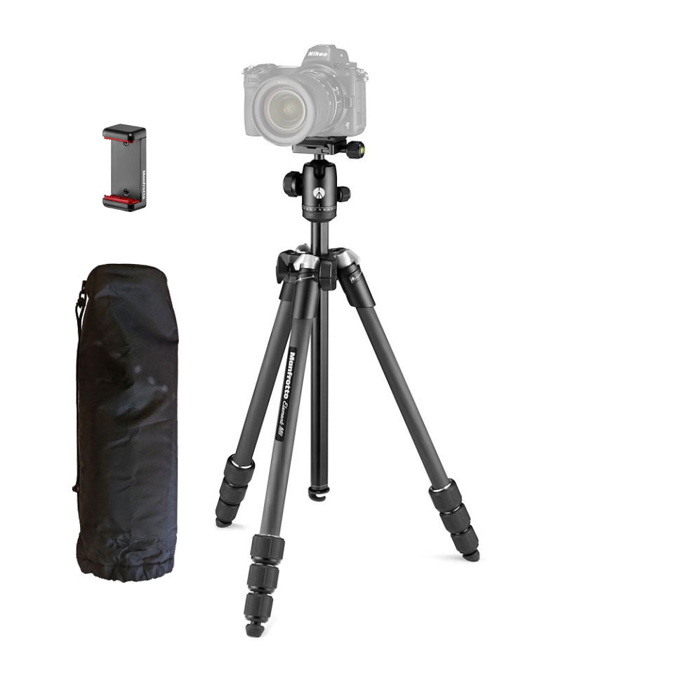 Trepied foto mobil din carbon Manfrotto, negru, cu husă și cap pentru telefon